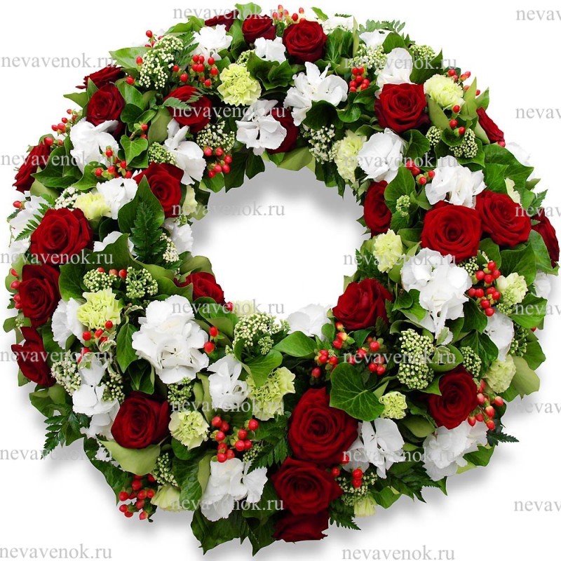 Ритуальный венок из живых цветов (цвет: красный, белый)