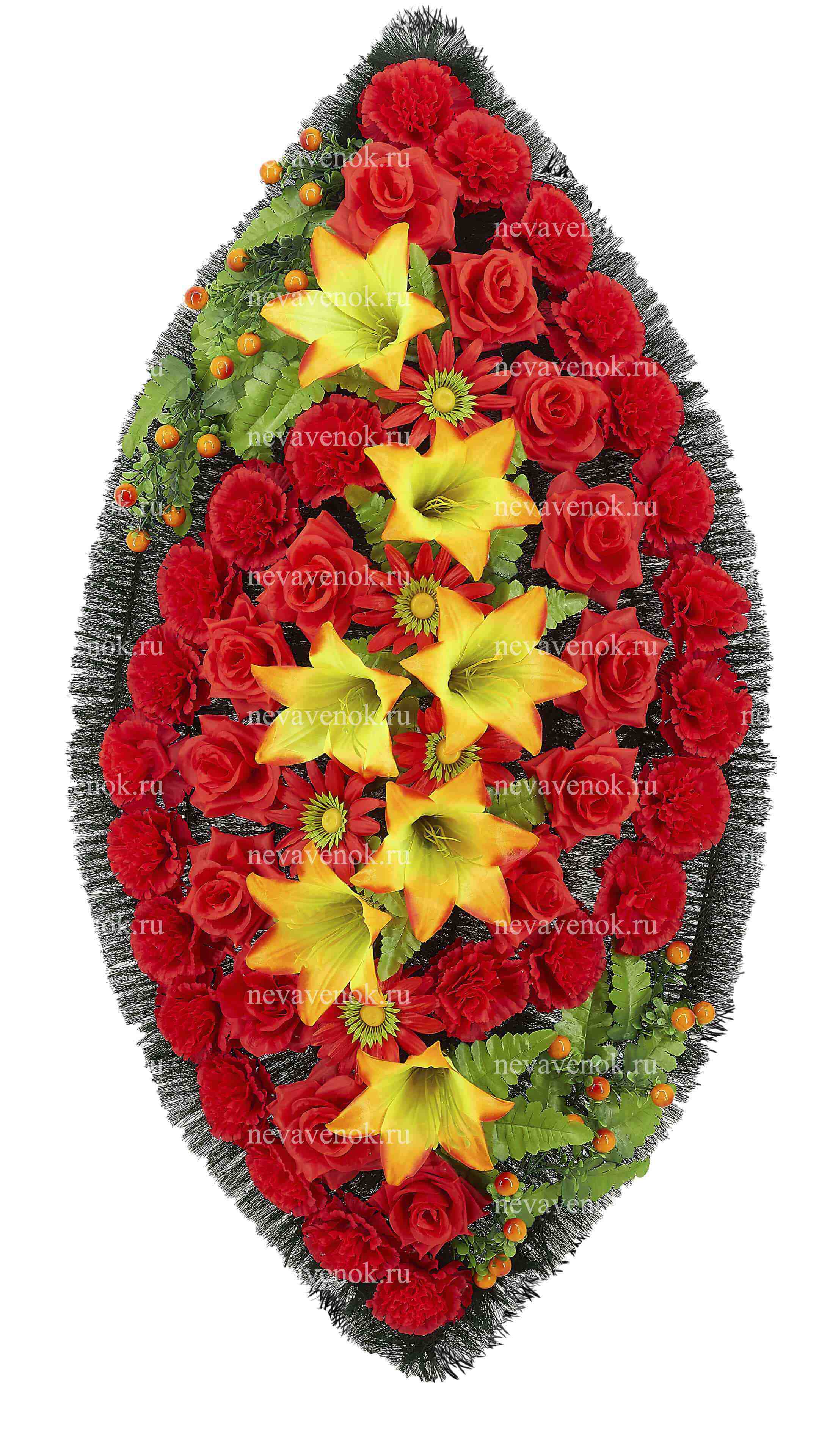 Ритуальный венок из искусственных цветов (состав: гвоздики, розы лилии)