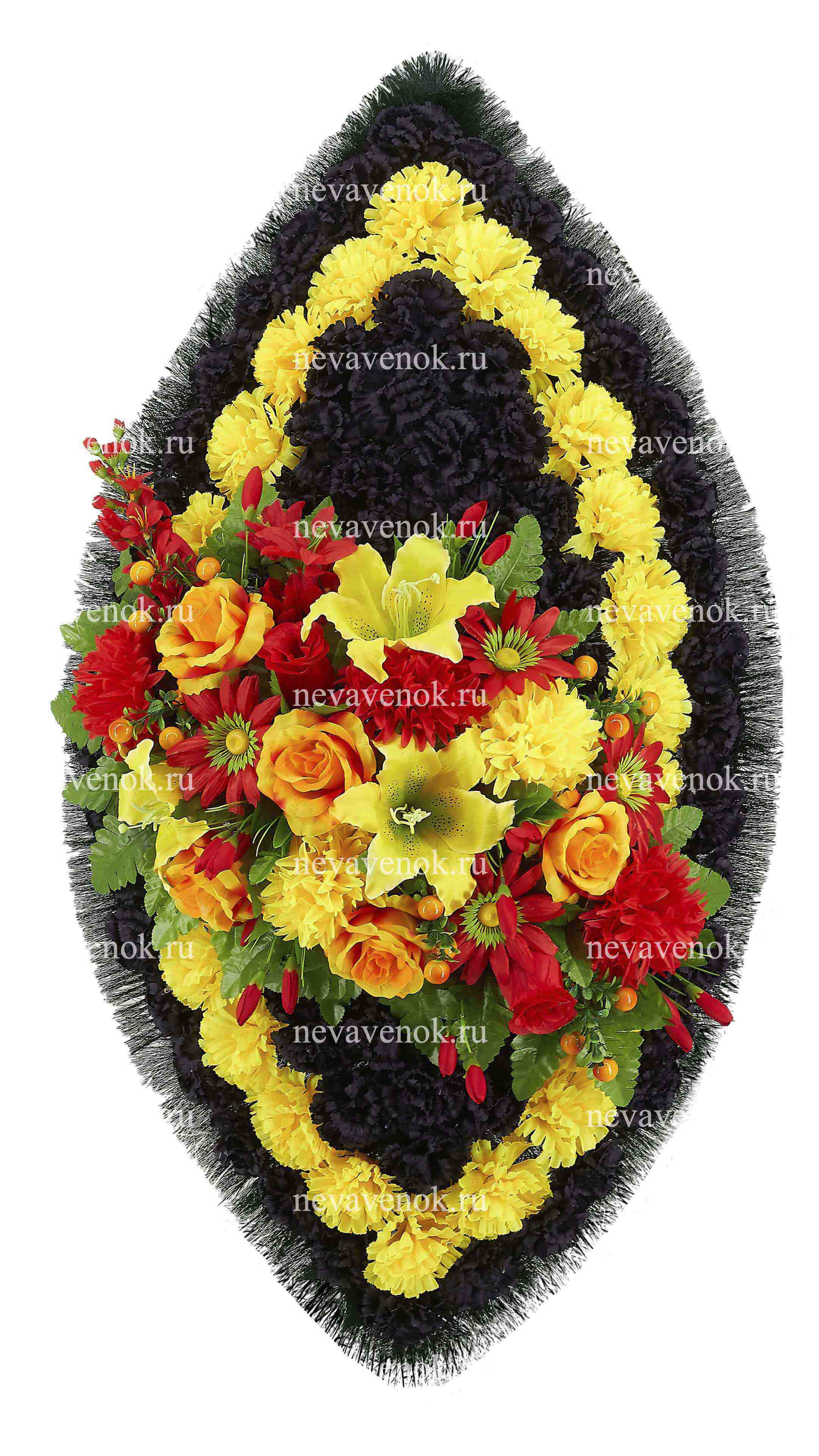 Ритуальный венок из искусственных цветов (цвет: желтый, оранжевый, красный, черный)
