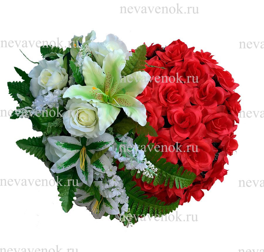 Купить траурную композицию в форме сердца из искусственных цветов в СПб